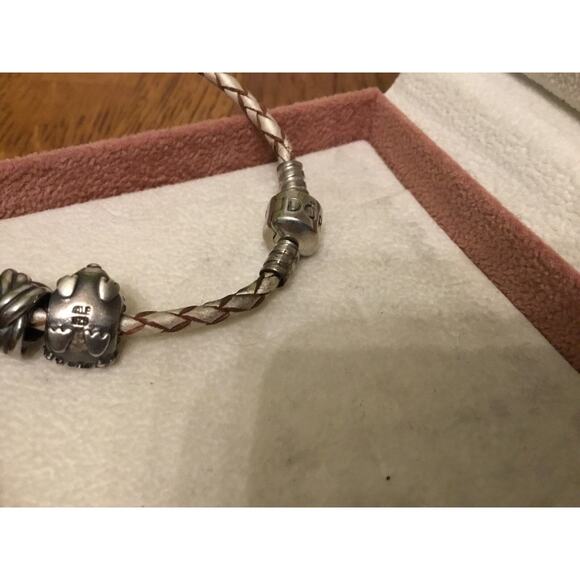 Pandora braided leather Bracelet w/3 ALE 925 charms Hedgehog,Cross,Bead In Box - Picture 6 of 10